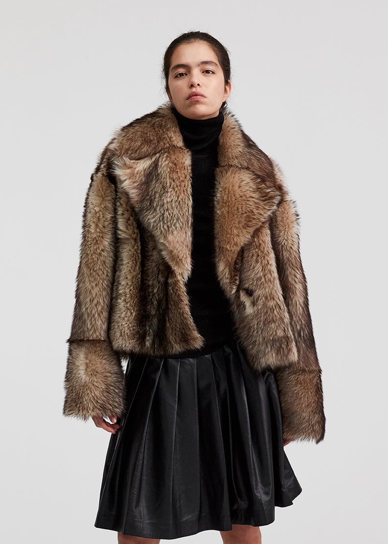 14423 NICO UTZON aw24 lamb leather nappa dragon skirt styled with jalo jacket model shown from the front with face visible